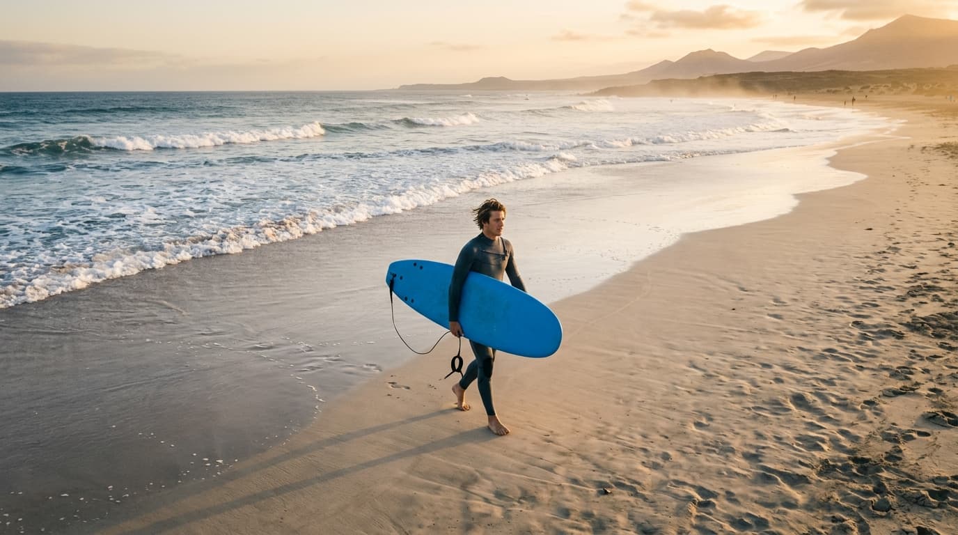 Ein Surfer trägt ein Softboard an einem Sandstrand auf Fuerteventura bei warmem Sonnenlicht und sanften Anfängerwellen