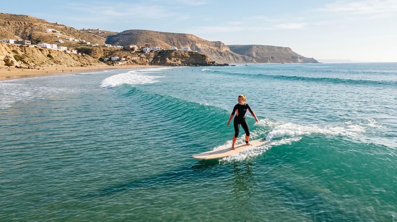 Ein Surf-Anfänger reitet eine sanfte, lange Welle in der geschützten Bucht von Imsouane bei Sonnenschein