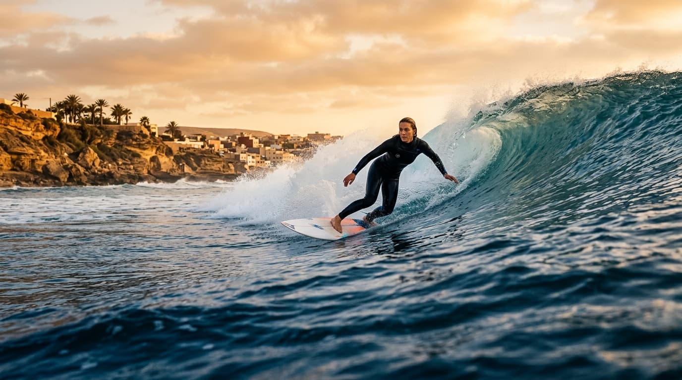 Ein Surfer reitet eine saubere, langgezogene Rechte am Anchor Point bei Taghazout in Marokko im winterlichen Abendlicht.
