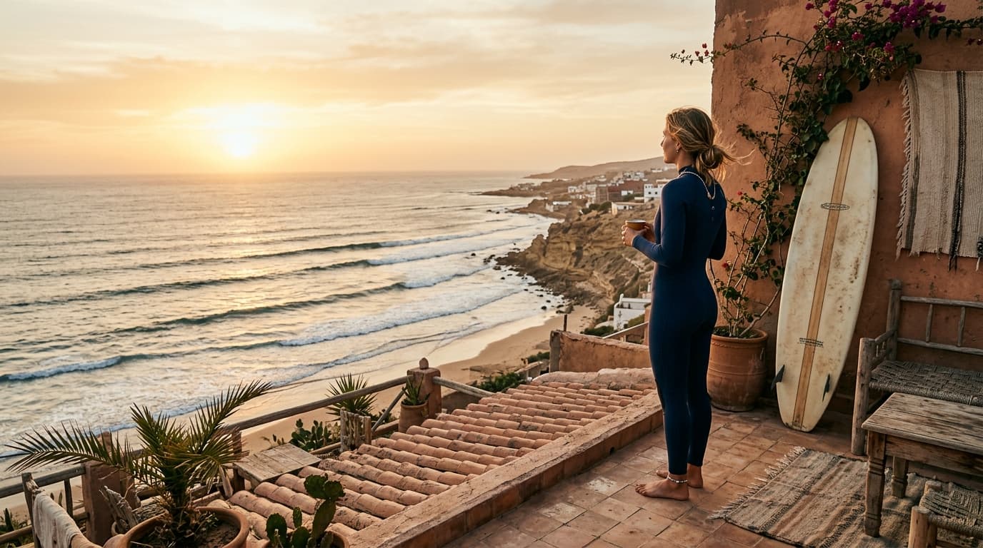 Alleinreisende Surferin blickt bei Sonnenuntergang von einer Terrasse in Taghazout auf die Wellen am Atlantik