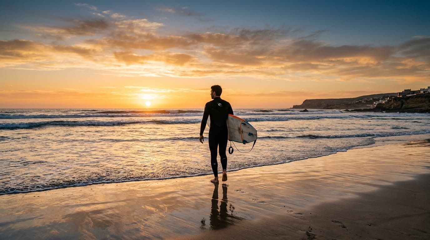 Surfer im 4/3 mm Neoprenanzug läuft mit Surfbrett am Strand von Taghazout in Marokko bei Sonnenuntergang ins Meer