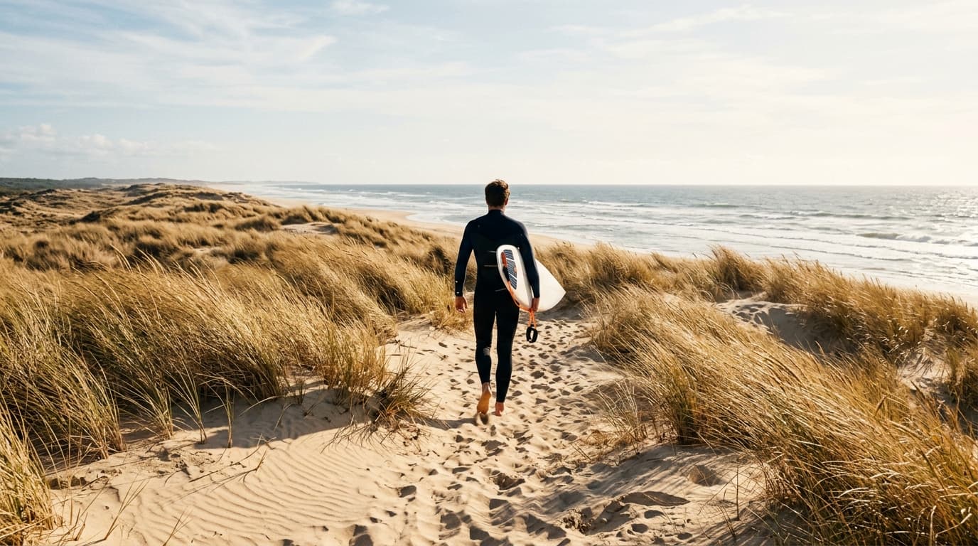 Surfer trägt ein Surfbrett über die Dünen zum Atlantikstrand von Montalivet-les-Bains bei Sonnenschein.