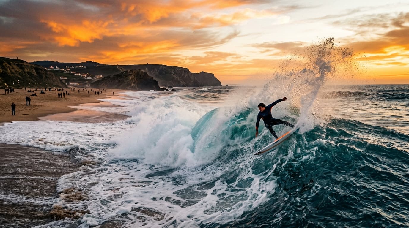 Surfer reitet eine Welle am Sandstrand von Praia Grande in Sintra bei Sonnenuntergang