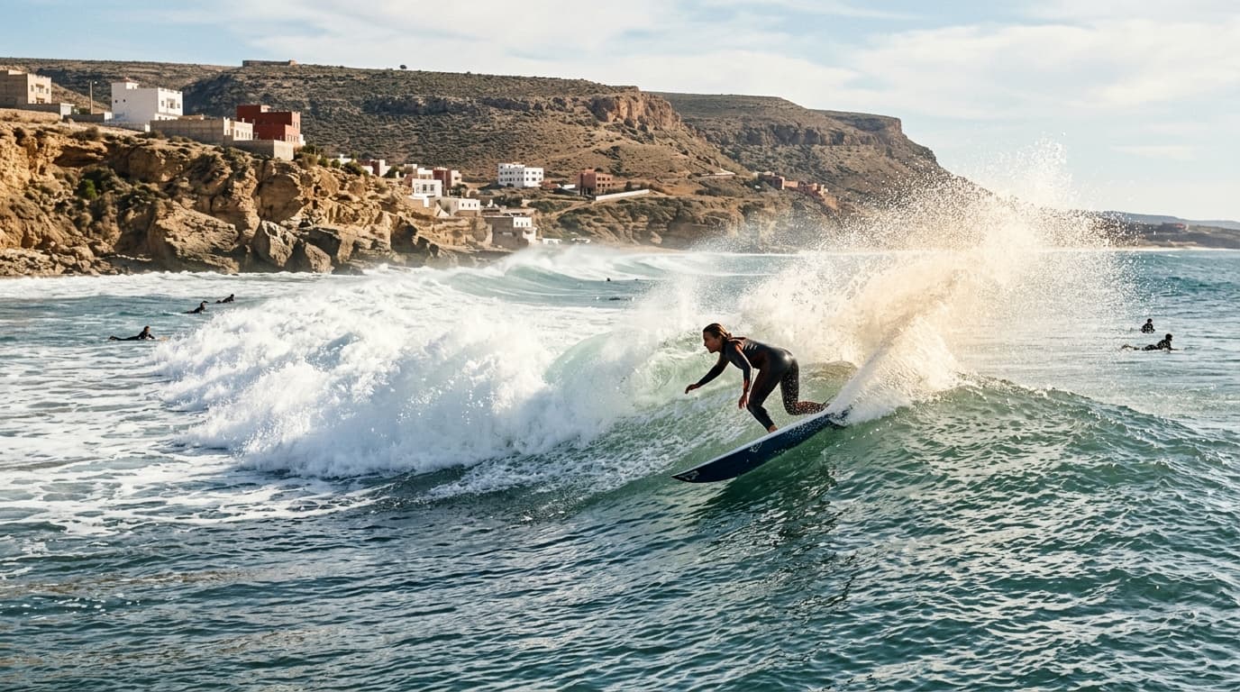 Surfer reitet eine lange rechte Welle am Anchor Point bei Taghazout in Marokko während der Atlantik-Wintersaison