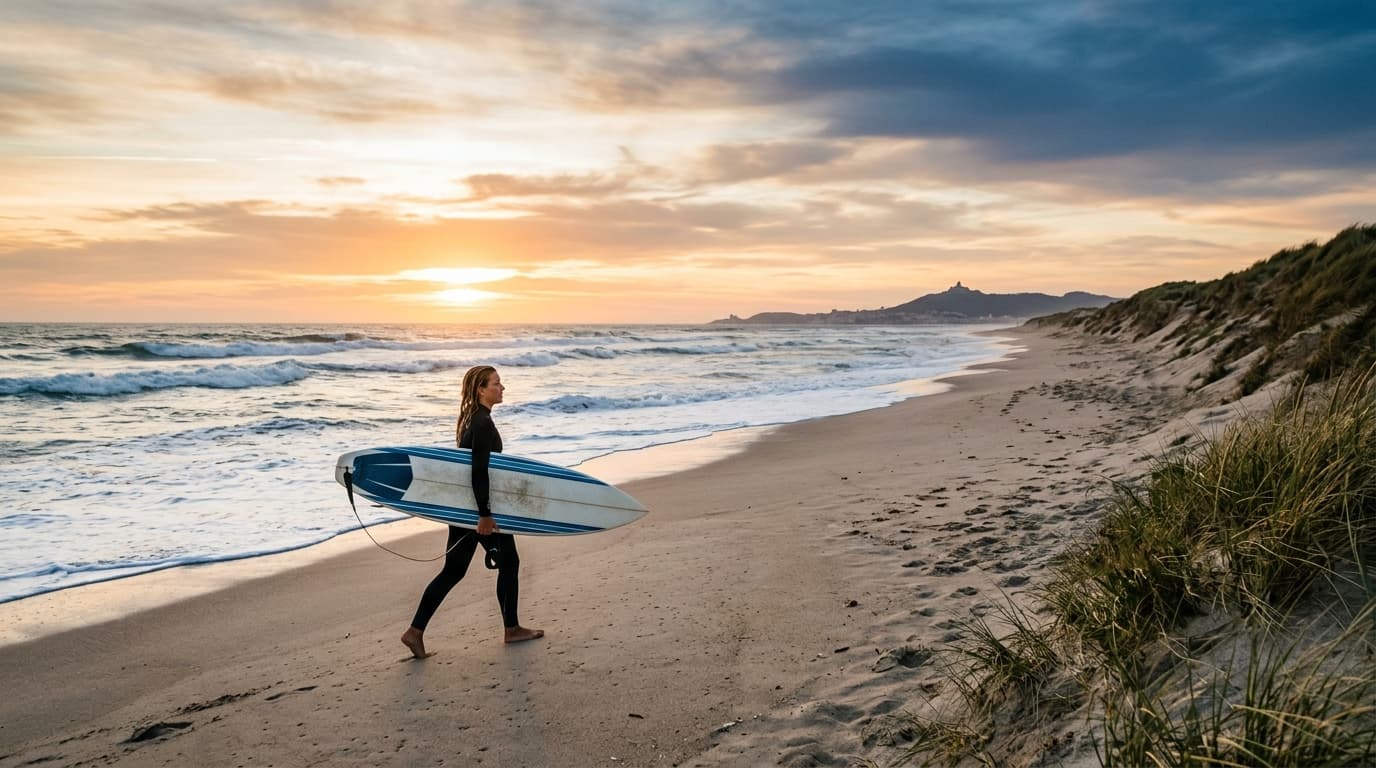 Ein Surfer läuft mit seinem Board an einem wilden, sandigen Strand in Nordportugal bei Viana do Castelo während des Sonnenuntergangs.