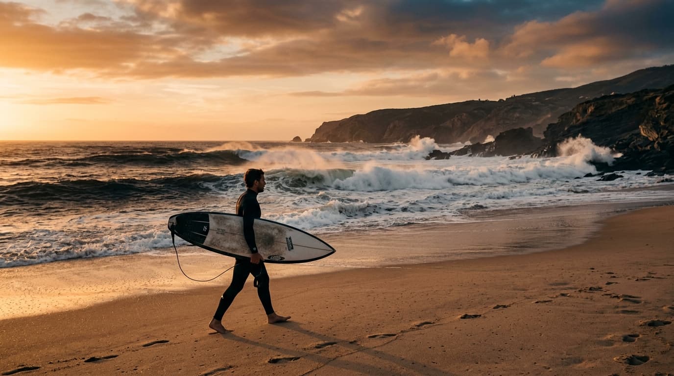 Ein Surfer im schwarzen Neoprenanzug läuft mit seinem Surfbrett unter dem Arm an einem Sandstrand an der rauen Atlantikküste Portugals bei Sonnenuntergang.