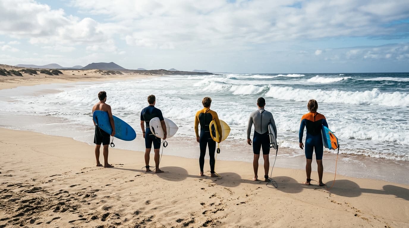 Surfer stehen mit ihren Surfboards am Sandstrand von Fuerteventura und blicken auf die brechenden Wellen des Atlantiks