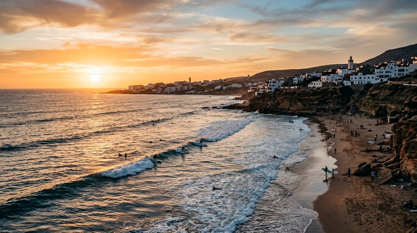 Blick auf die Atlantikküste bei Taghazout und Tamraght in Marokko mit Surfern auf den Wellen bei Sonnenuntergang