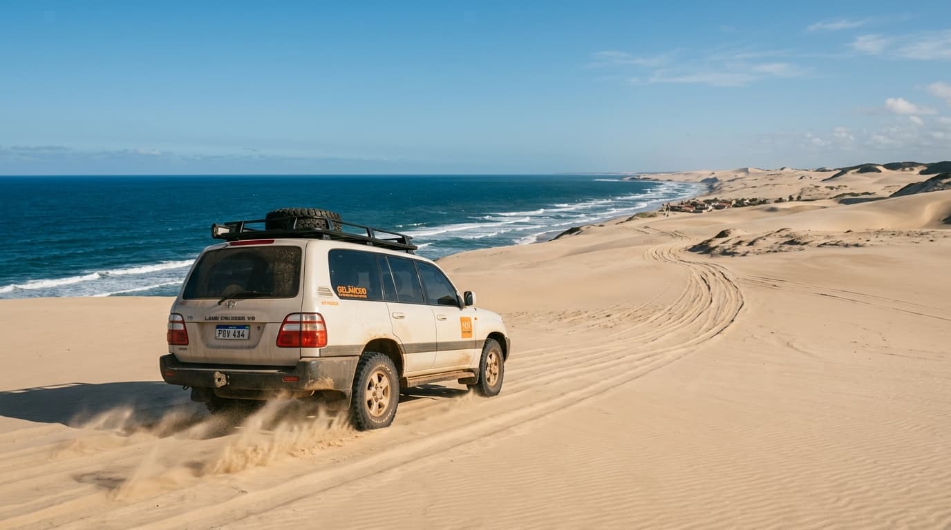 Ein privater 4x4-Geländewagen fährt über eine weitläufige Sandpiste an der Küste von Ceará in Brasilien auf dem Weg nach Tatajuba.
