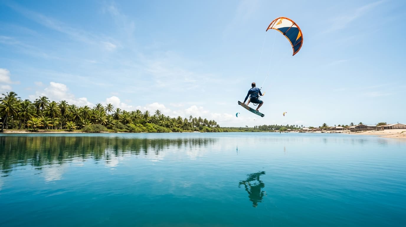Ein Kitesurfer fliegt mit seinem Kite über das spiegelglatte, türkisfarbene Flachwasser der Flussmündung in Tatajuba bei strahlendem Sonnenschein und Palmen im Hintergrund.