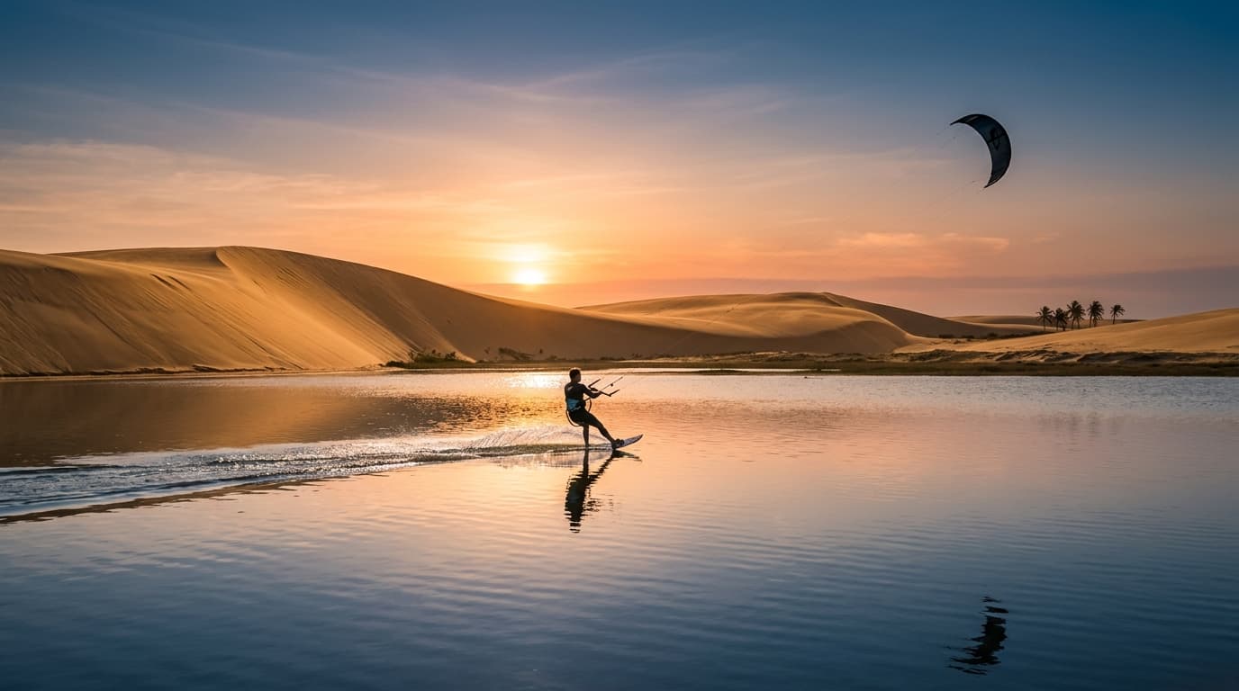 Ein Kitesurfer zieht seine Bahnen im flachen Wasser der Lagune von Tatajuba bei Sonnenuntergang vor einer malerischen Dünenlandschaft.