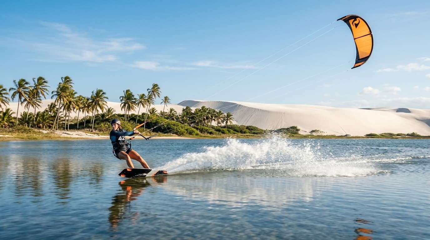 Kitesurfer in einer sonnigen Flachwasser-Lagune in Tatajuba, Brasilien, umgeben von Sanddünen und Kokospalmen unter blauem Himmel