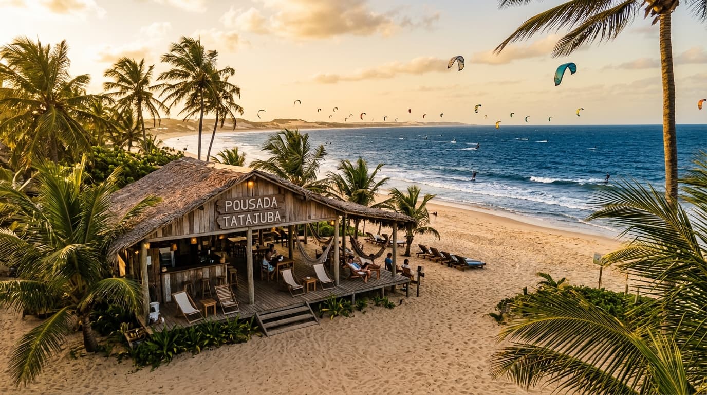 Eine gemütliche Pousada direkt am Sandstrand von Tatajuba in Brasilien mit Palmen und Kitesurfern auf dem Wasser im Hintergrund