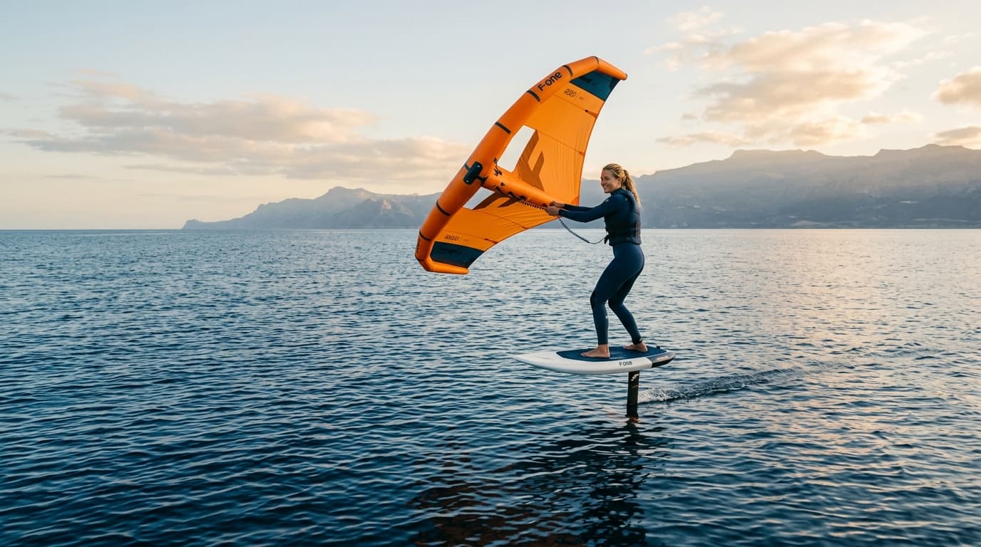Ein Kitesurfer wechselt auf ein Wingfoil-Board und schwebt elegant bei leichtem Wind über das tiefblaue Wasser.