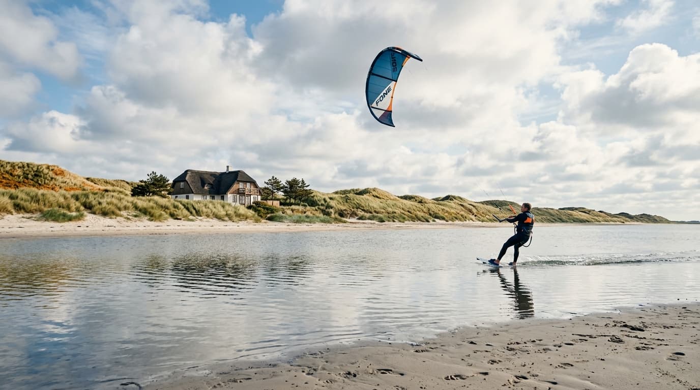 Kitesurfer auf dem flachen Wasser des Ringkøbing Fjords vor der Kulisse typisch dänischer Dünen und einem gemütlichen Ferienhaus im Hintergrund.