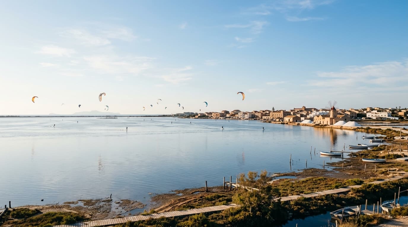 Blick über die flache Lagune Lo Stagnone bei Marsala auf Sizilien mit Kitesurfern auf dem Wasser und Unterkünften im Hintergrund.
