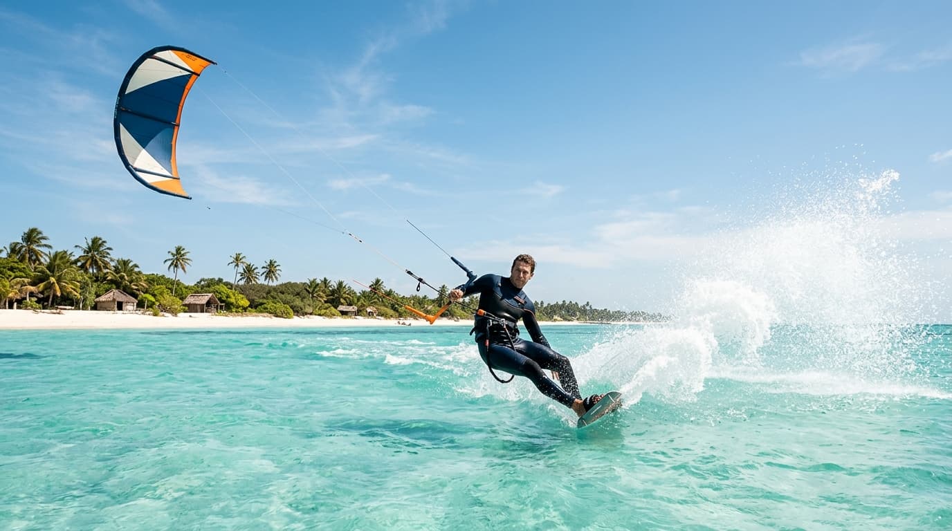 Ein Kitesurfer zieht eine Sprühfahne in einer riesigen, türkisfarbenen Flachwasserlagune unter blauem Himmel an einem tropischen Strand.