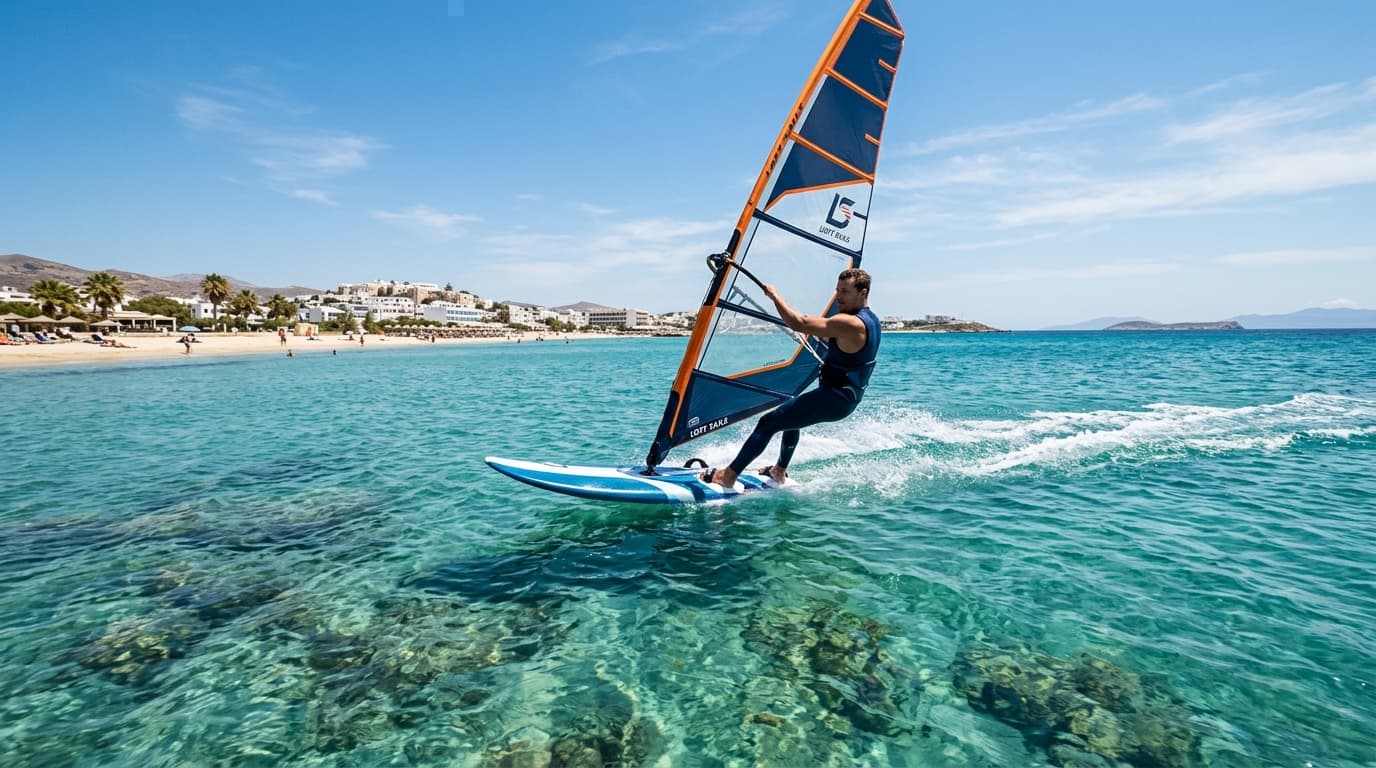 Windsurfer gleitet bei sommerlichem Meltemi über das flache, türkisblaue Wasser der St. George Bay auf Naxos mit Blick auf den Strand und das Riff.