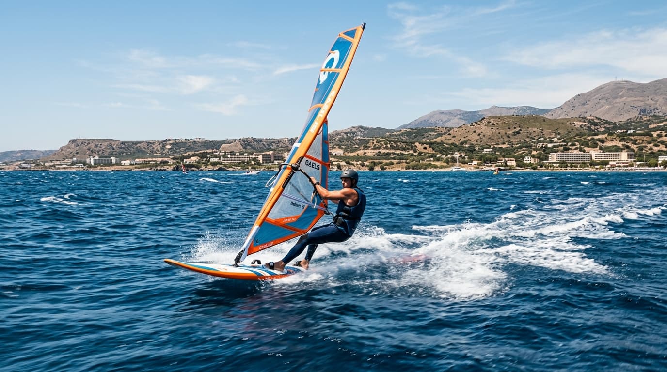 Windsurfer gleitet bei sommerlichem Meltemi über das blaue Meer vor der Küste von Rhodos.