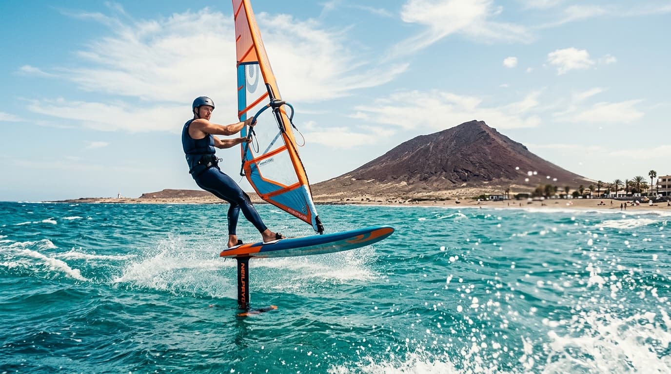 Windsurfer in der Bucht von El Médano vor der Montaña Roja auf Teneriffa bei sonnigem Passatwind