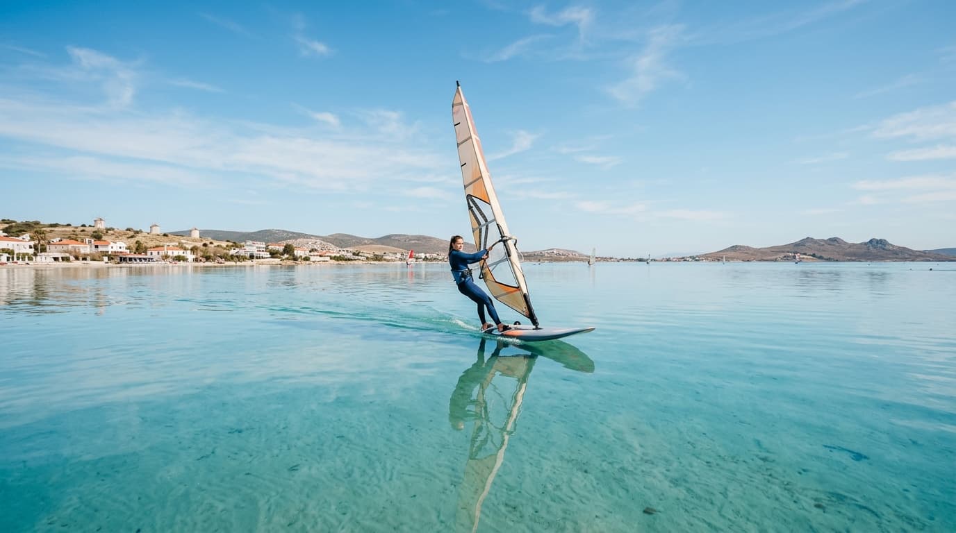 Windsurfer auf spiegelglattem türkisfarbenem Wasser im Stehrevier der Bucht von Alaçatı bei sonnigem Wetter