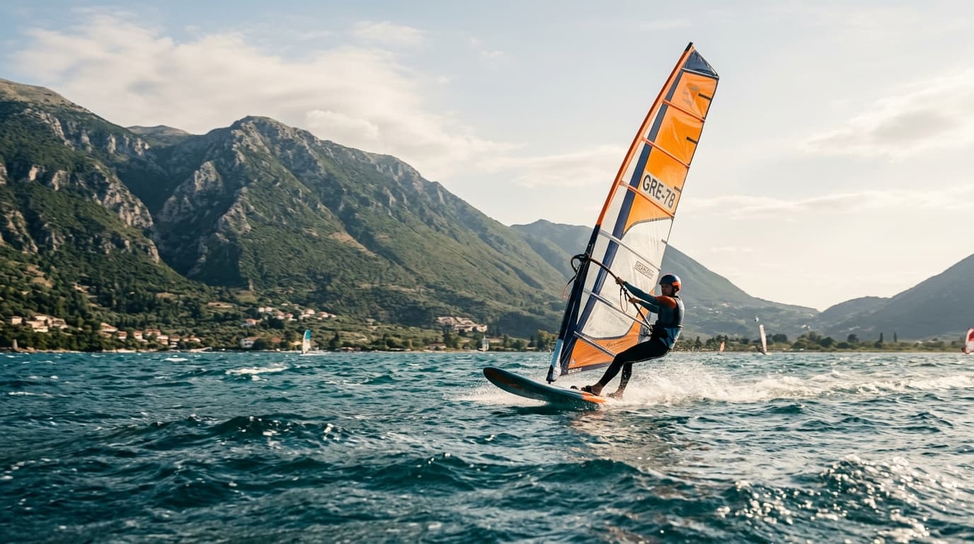 Windsurfer gleitet bei nachmittäglicher Thermik in der Bucht von Vassiliki auf Lefkada vor bergiger Kulisse.