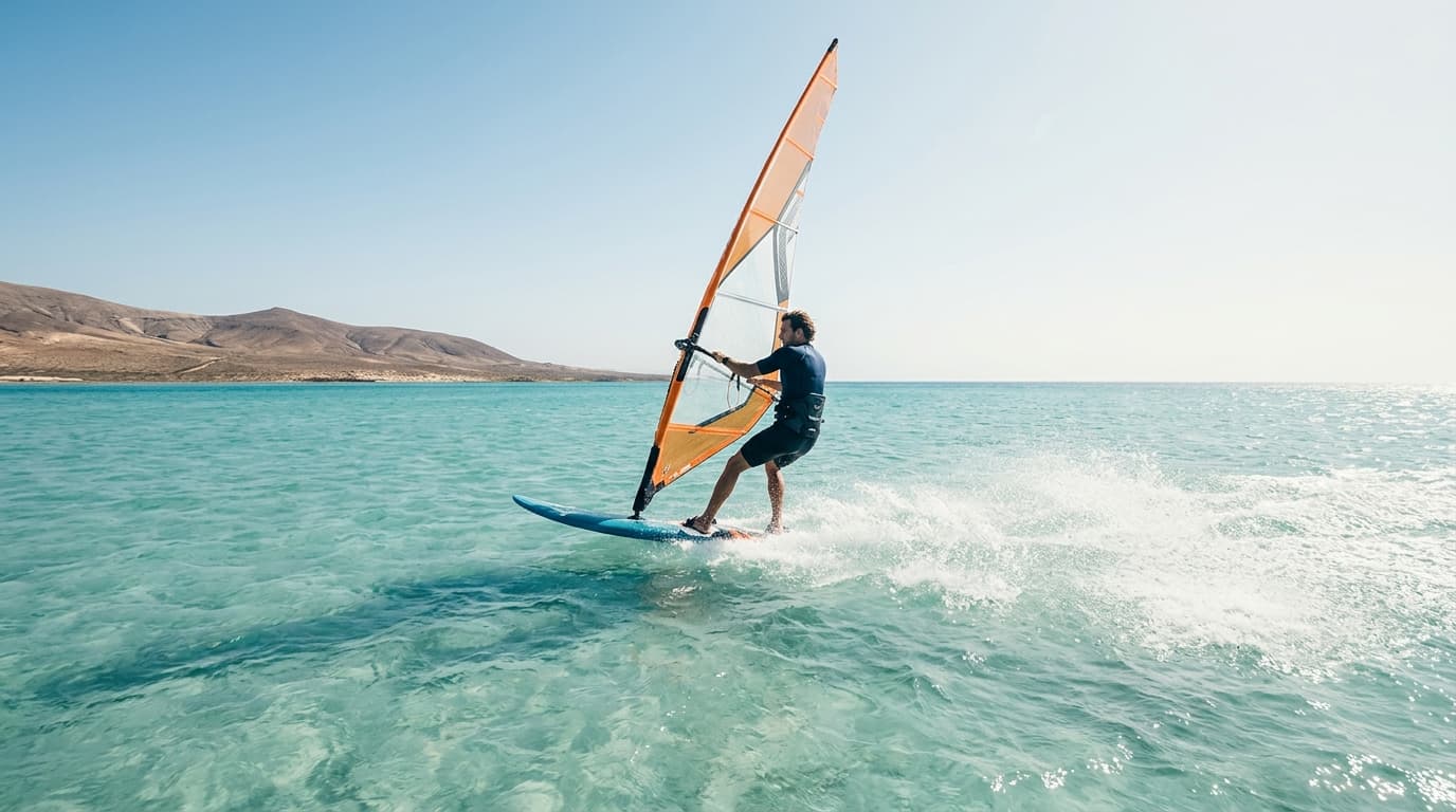 Windsurfer gleitet bei starkem Passatwind über das Flachwasser der Lagune von Risco del Paso in Sotavento auf Fuerteventura.