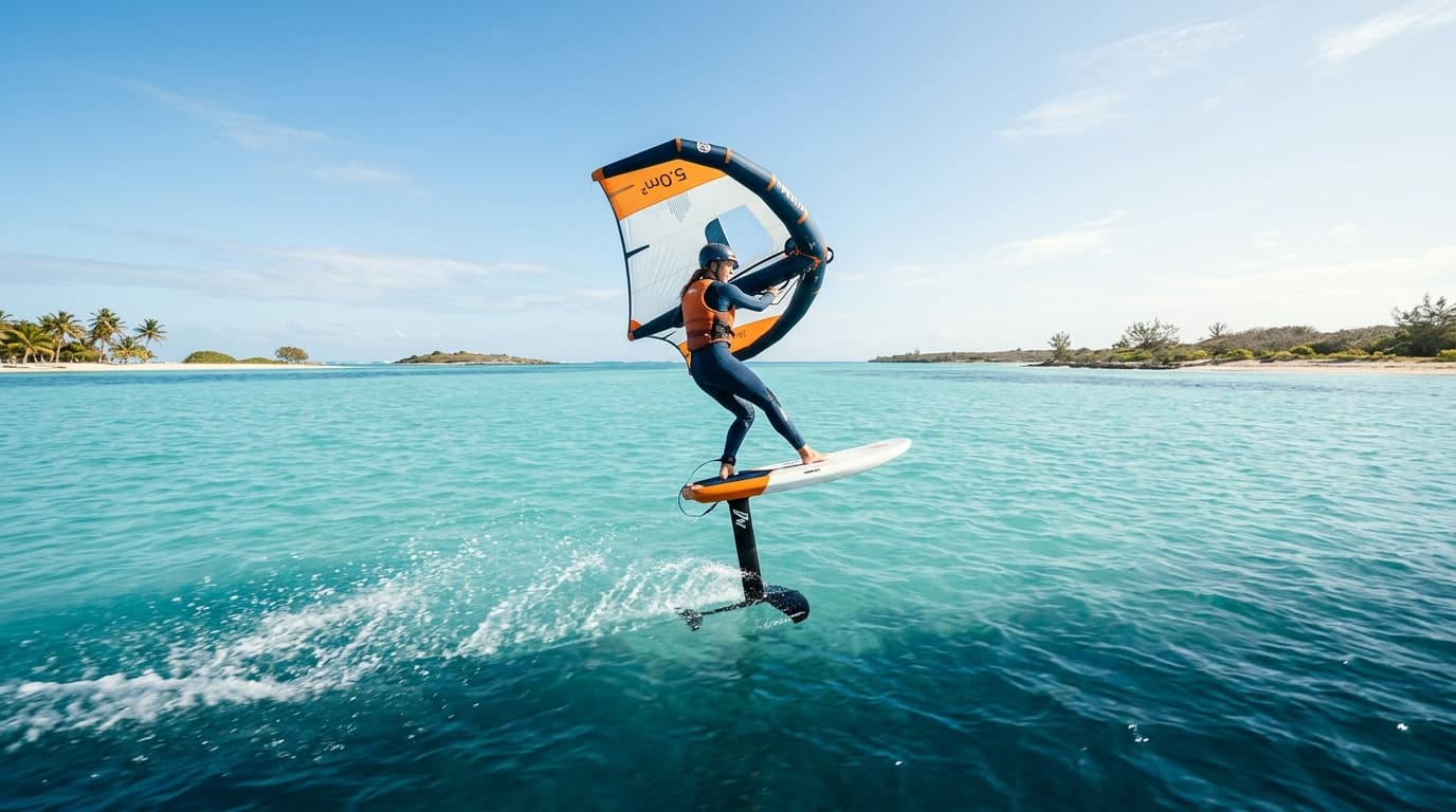 Ein Wingfoiler gleitet elegant über das flache, türkisfarbene Wasser eines Stehreviers bei strahlendem Sonnenschein und optimalem Wind.