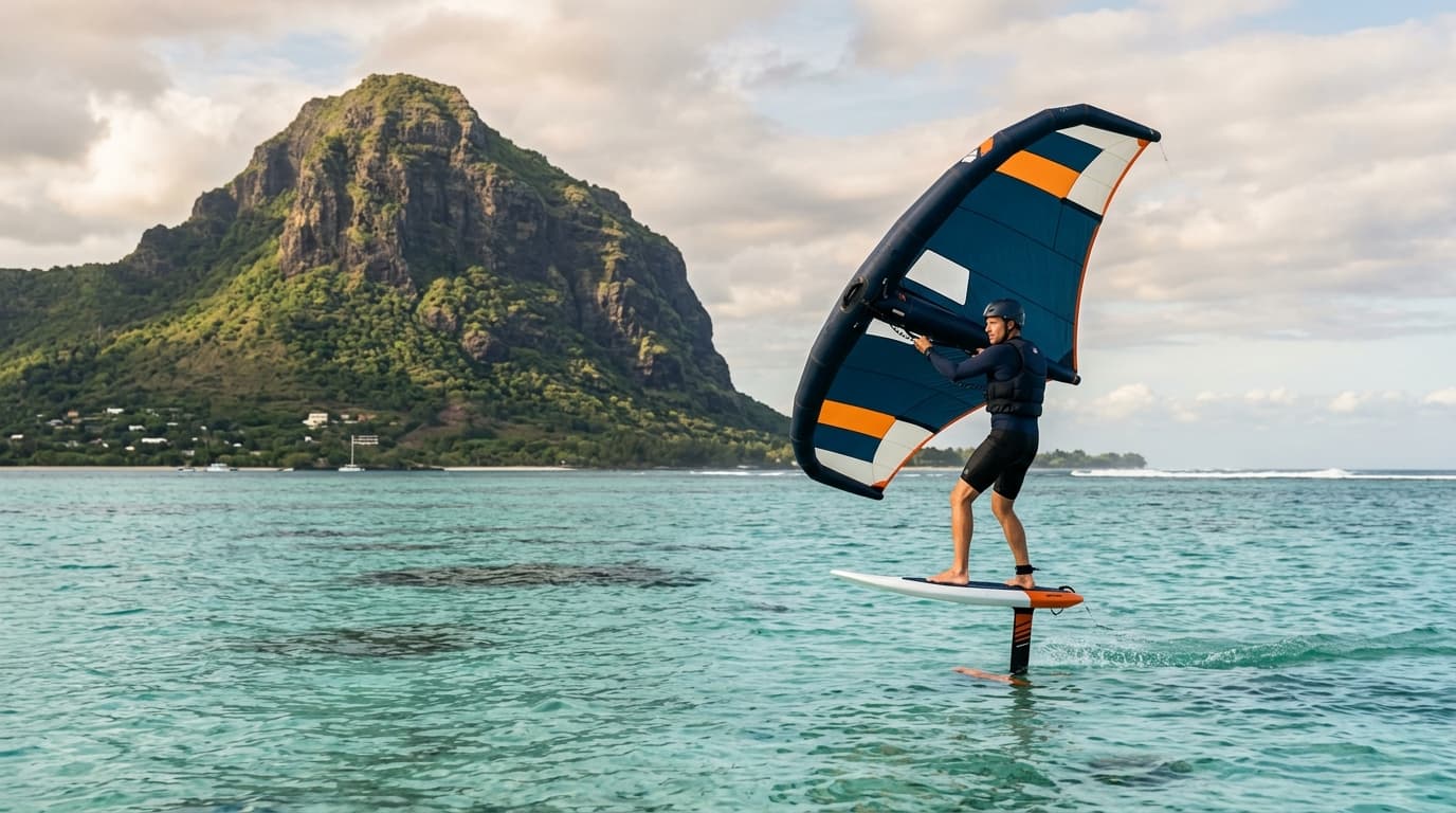 Ein Wingfoiler gleitet sicher über das türkisfarbene Flachwasser der Lagune von Le Morne vor dem imposanten Le Morne Brabant Berg auf Mauritius.