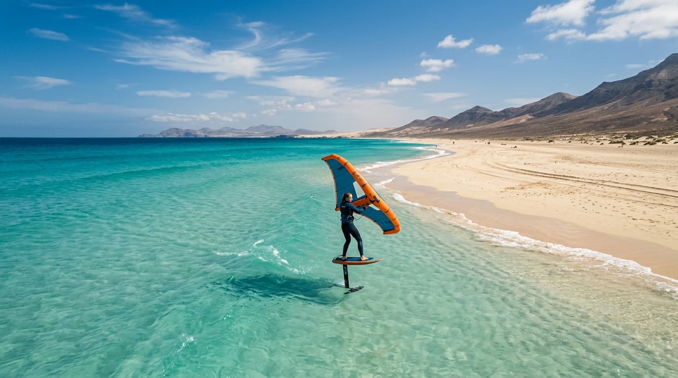 Wingfoiler fliegt auf dem Foil über das flache azurblaue Wasser vor dem Strand von Sotavento auf Fuerteventura bei sonnigem Wetter.