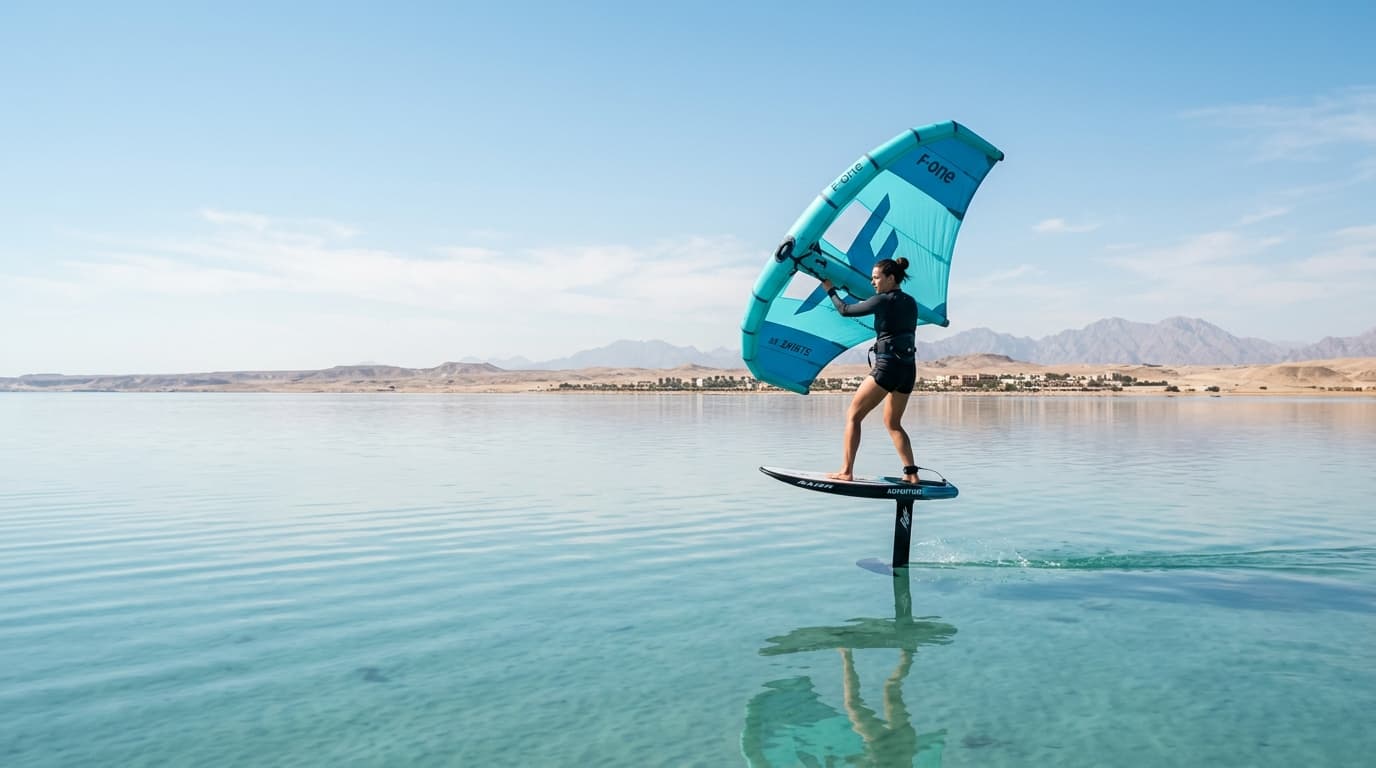 Ein Wingfoiler gleitet mit einem türkisfarbenen Wing in den Händen über das spiegelglatte, flache Wasser einer sonnigen Lagune in Ägypten.