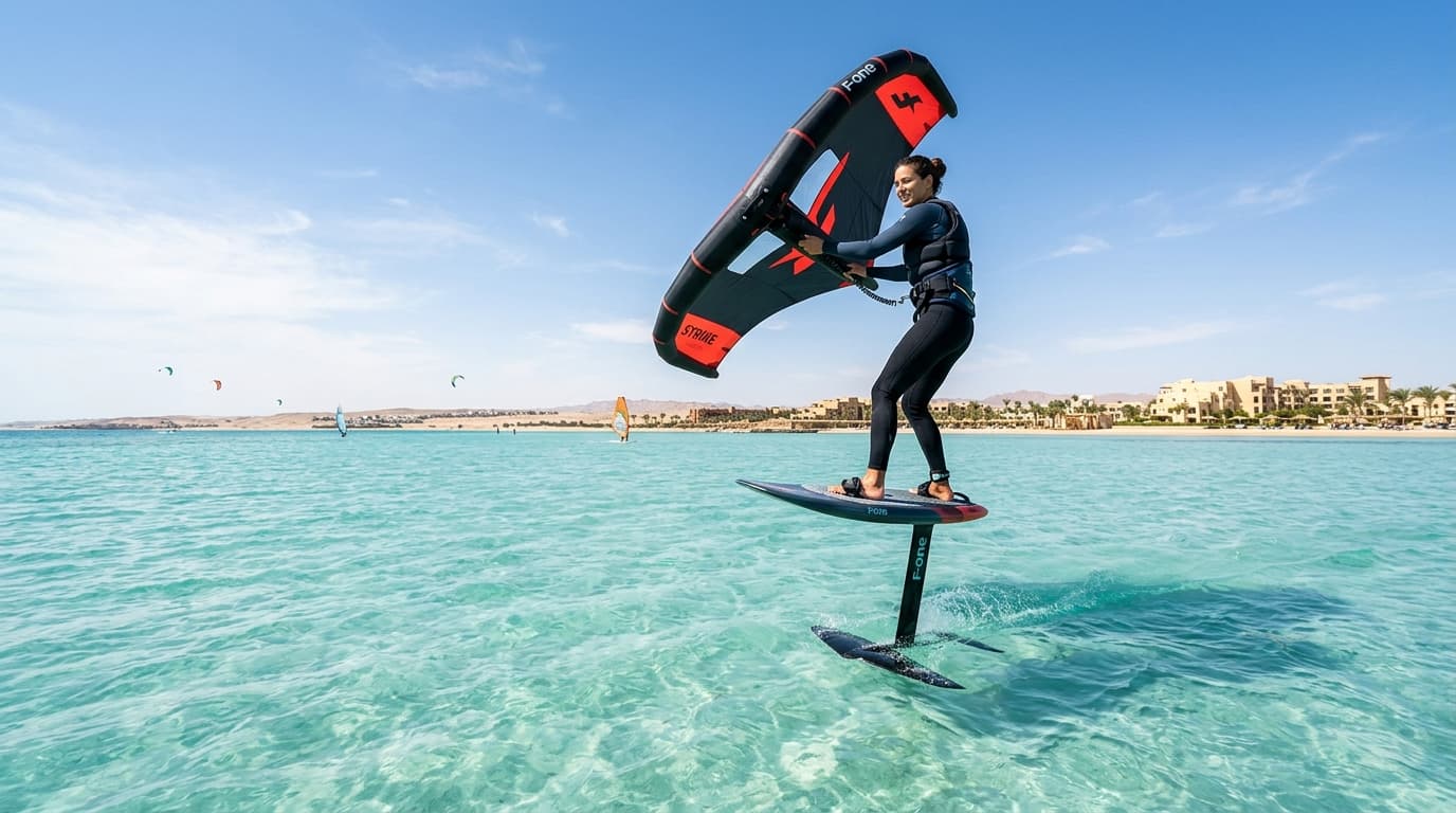Ein Wingfoiler gleitet elegant über das türkisfarbene, flache Wasser einer stehtiefen Lagune in El Gouna unter strahlend blauem Himmel.