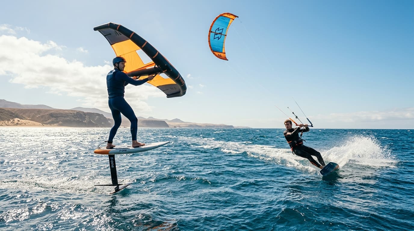 Ein Wassersportler beim Wingfoilen über dem Wasser schwebend im direkten Vergleich zu einem Kitesurfer, der bei blauem Himmel und Wind über das Wasser gleitet.