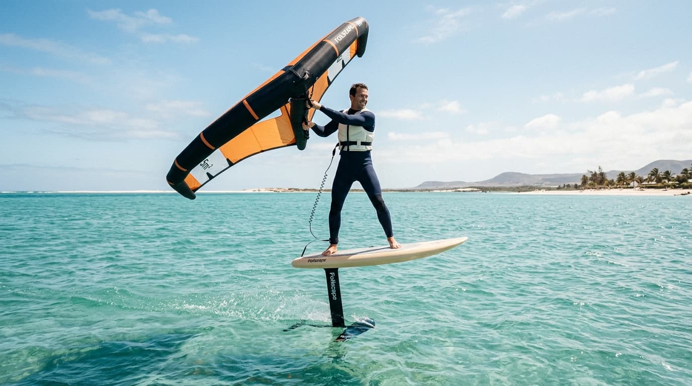 Ein entspannter Wingfoiler fliegt bei strahlendem Sonnenschein und konstantem Wind über das türkisfarbene Wasser eines Stehreviers.