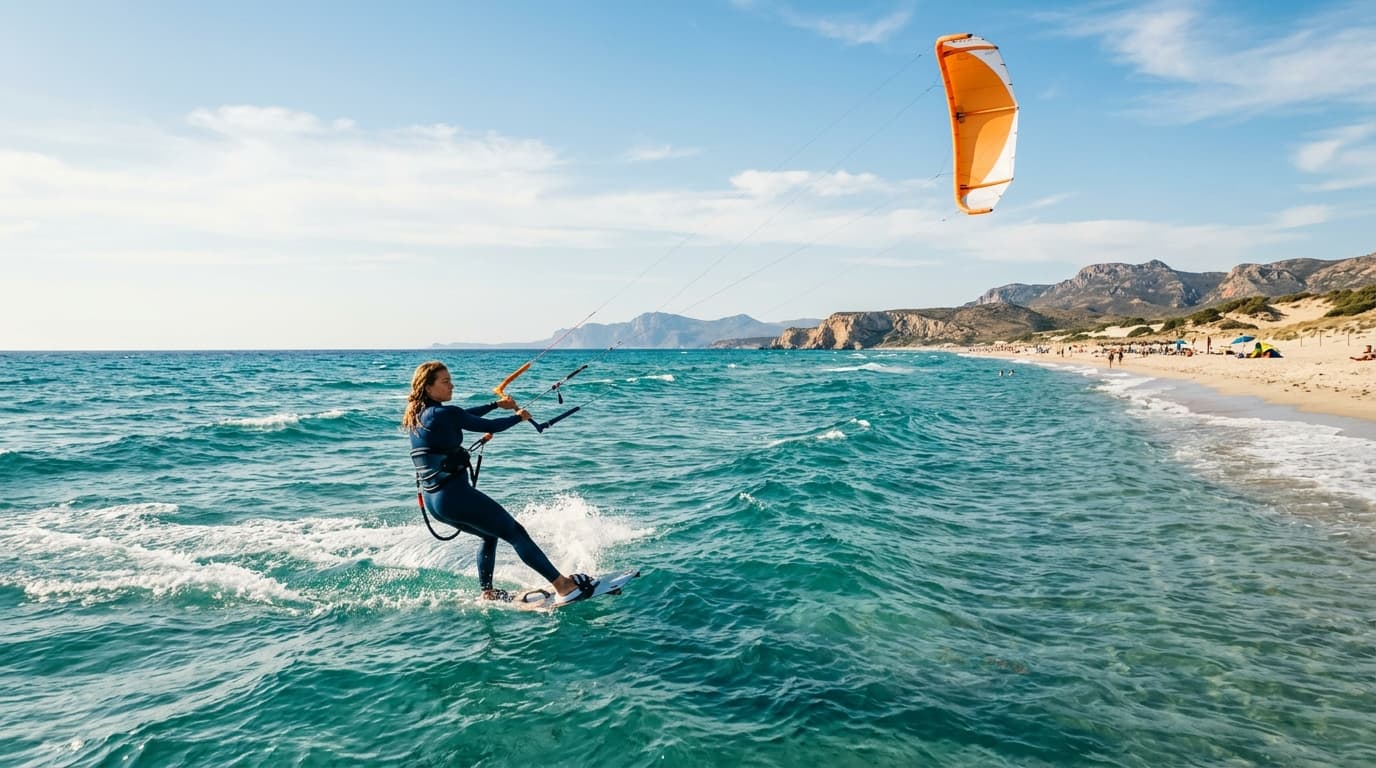 Kitesurfer fährt bei strahlendem Sonnenschein und türkisblauem Wasser vor einem sandigen Mittelmeerstrand.
